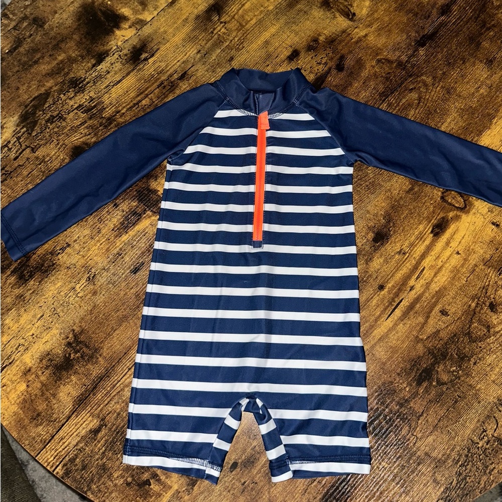 Navy Striped Kids Swim Suit